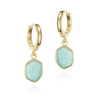 Pendiente de aro con amazonita hexagonal de plata con baño de oro 18k