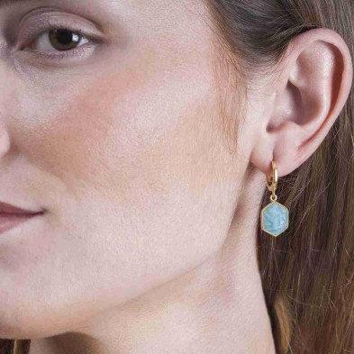 Pendiente de aro con amazonita hexagonal de plata con baño de oro 18k