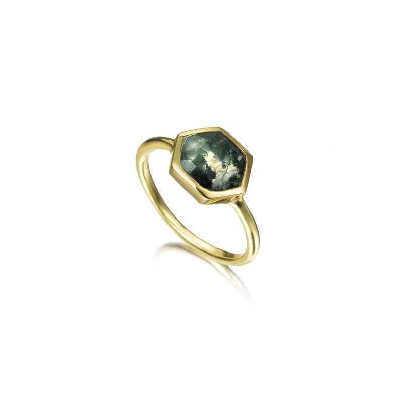 Anillo con Ágata Musgo hexagonal en baño de oro 18k