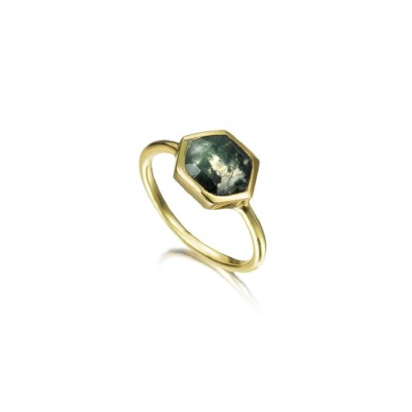 Hexagonal Moss Agate Ring with 18k Gold Vermeil