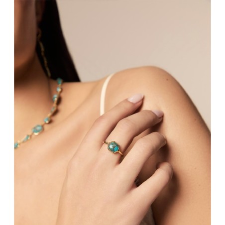 Anillo con Turquesa hexagonal en baño de oro 18k