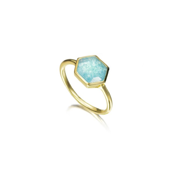 Anillo con amazonita hexagonal de plata con baño de oro 18k