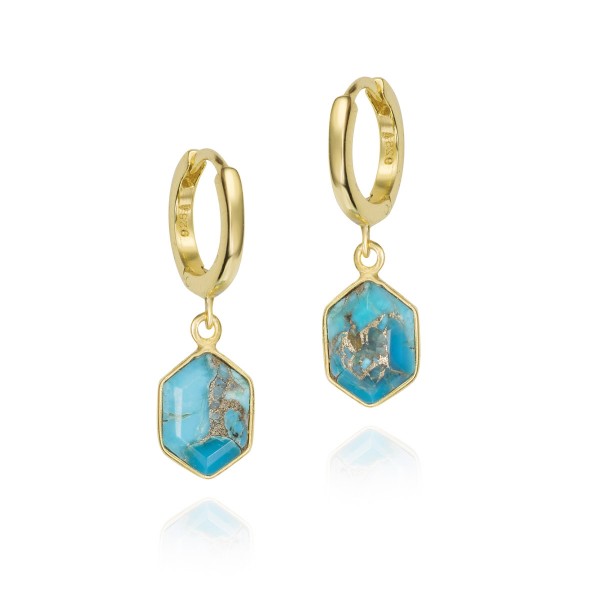 Pendiente de aro con turquesa hexagonal de plata con baño de oro 18k